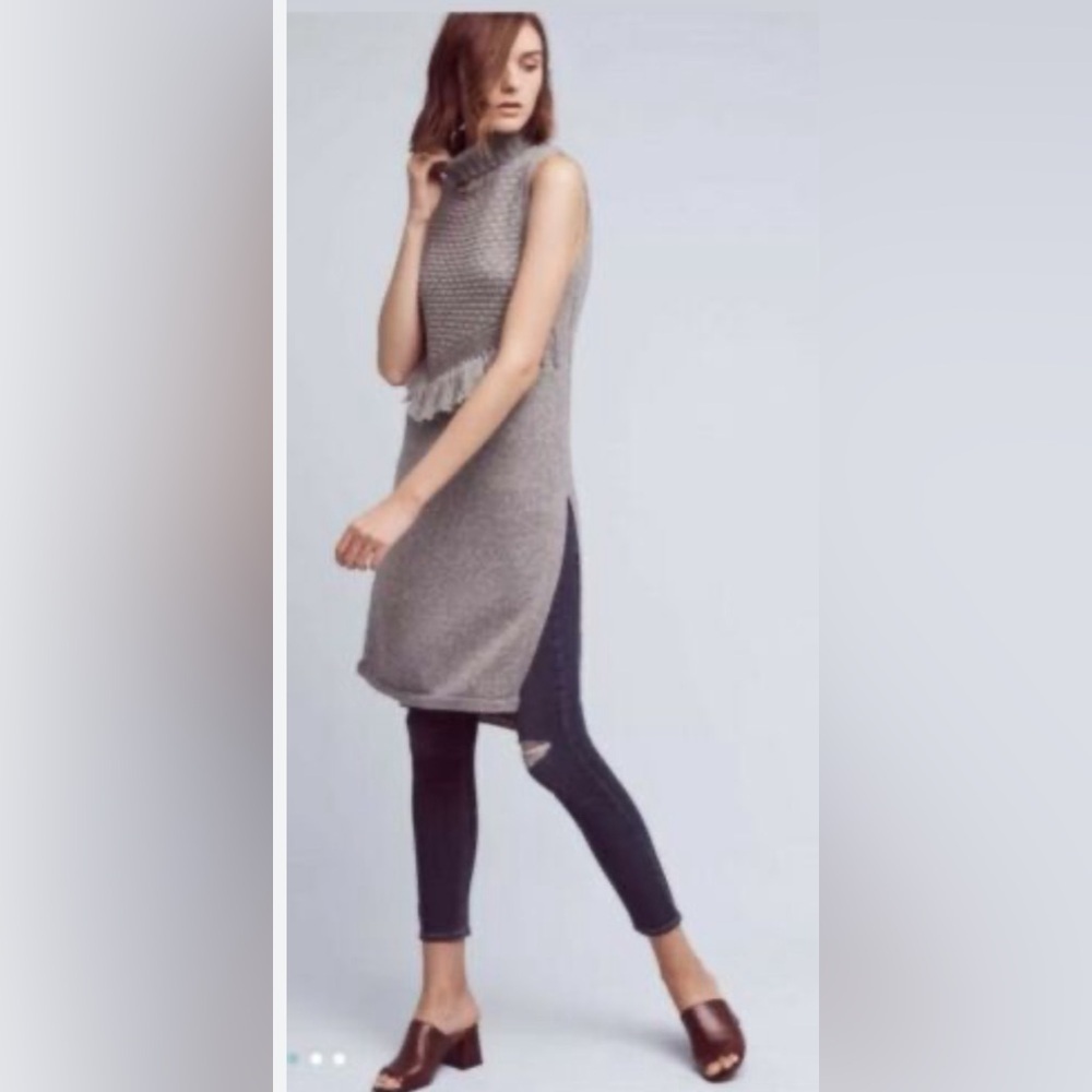 Anthropologie Nomad Morgan Carper Gray Vesper Fringe Turtleneck Knit TunicDress - Picture 2 of 12